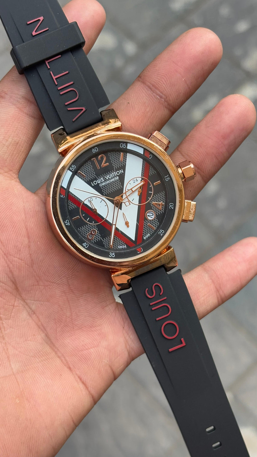 L V Chronograph Black Dial Silicone Belt Men's Watch
