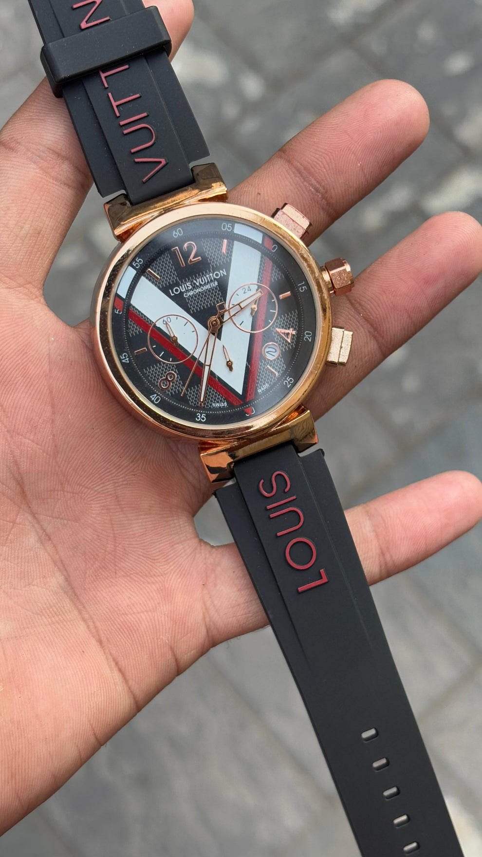 L V Chronograph Black Dial Silicone Belt Men's Watch