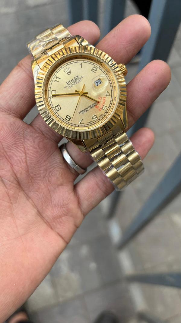 Rol-ex Gold Dial With Date Analog Men's Watch In metal Belt