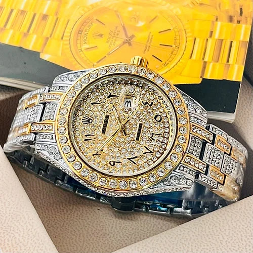 Rol-ex Men’s Analog gold Arabic Diamond Watch