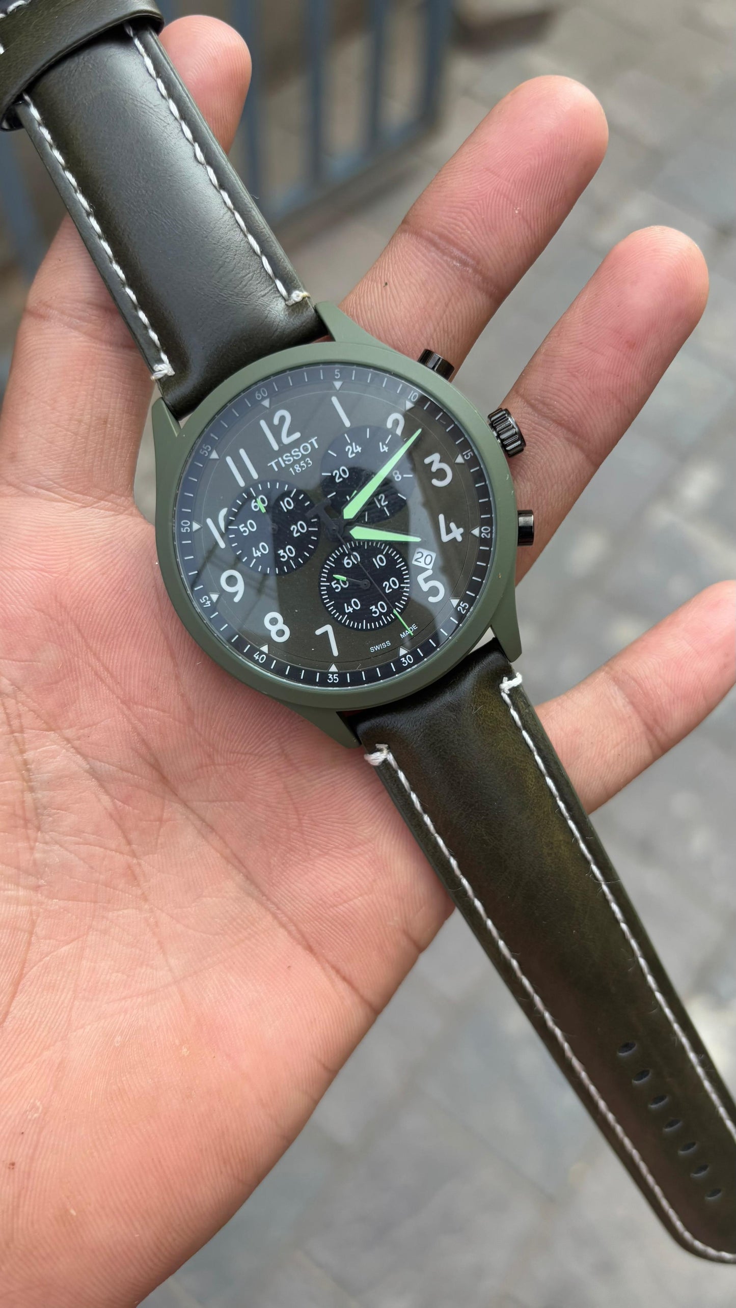 Tissot Green Dial Chronograph Leather Belt Watch For Men's