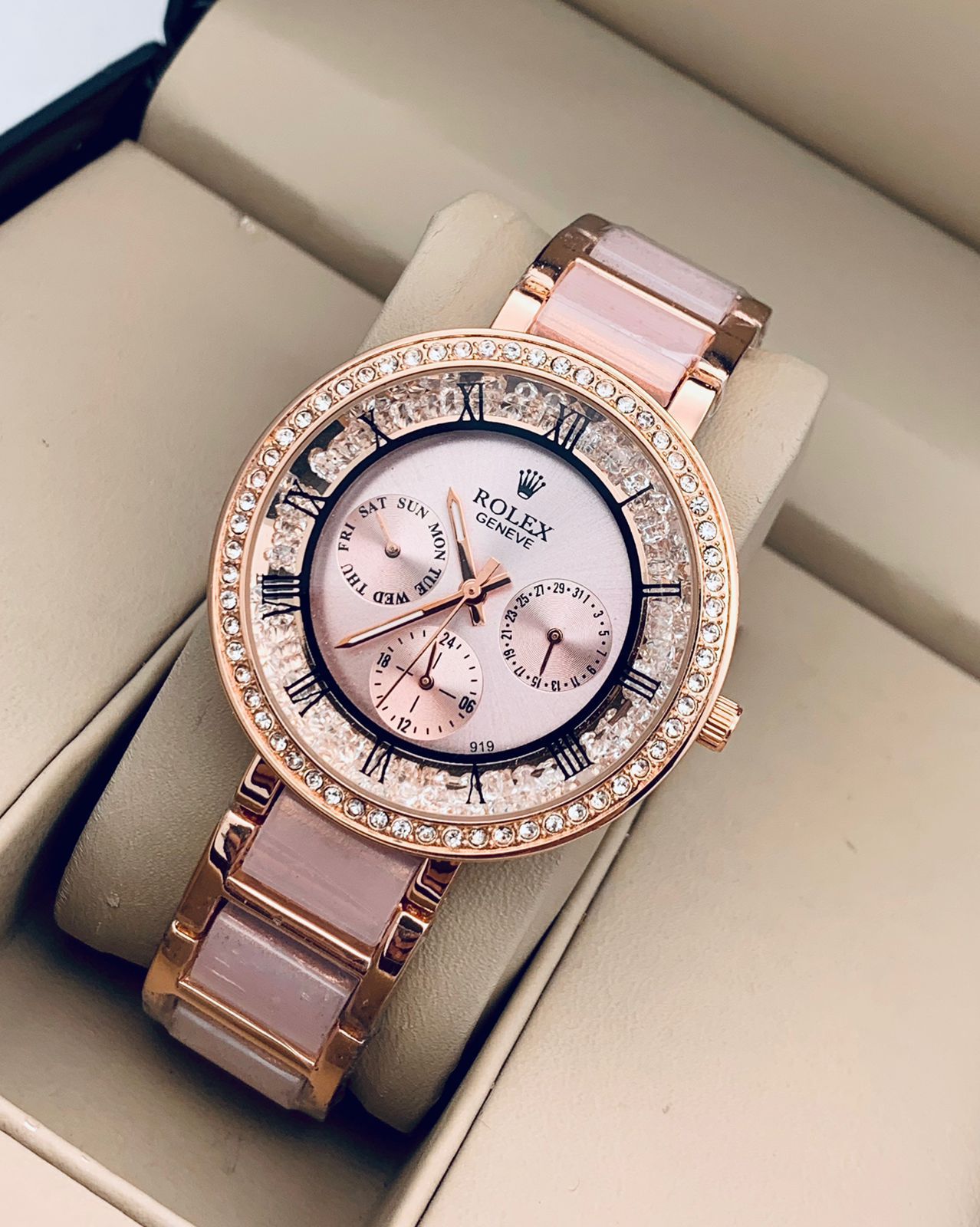 Rolex Rose Gold Dial Metal Belt Women Watch