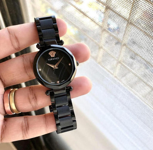 Versace Black Dial Black Metal Belt Women's Watch