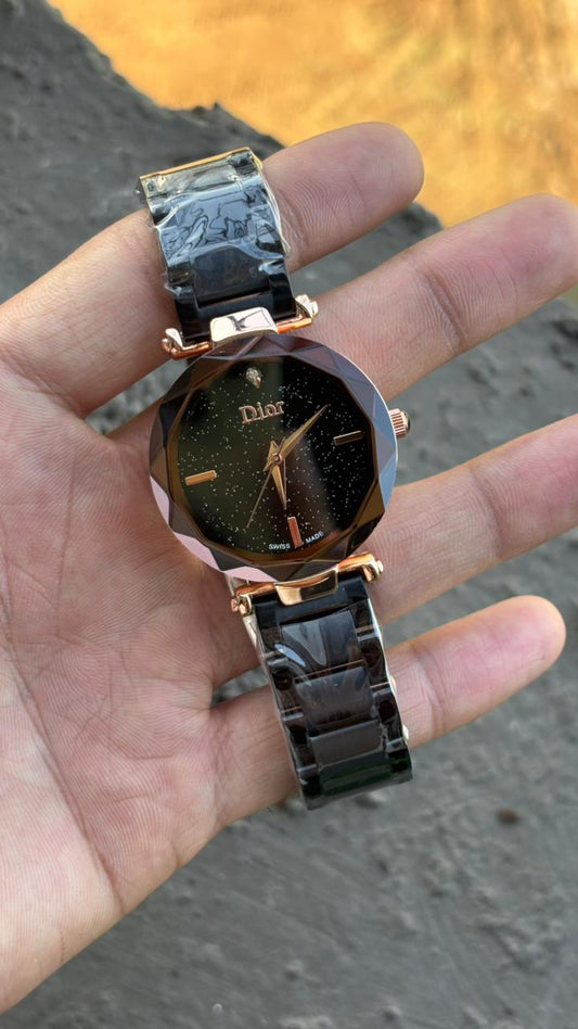 Dior Diamond Shape Black Dial Metal Belt Watch For Women's
