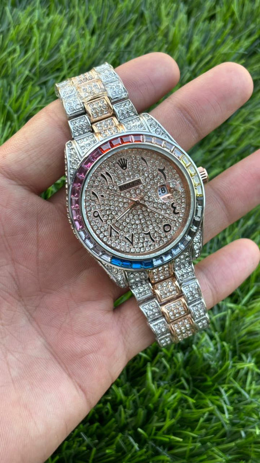 Ro-lex Analog Rose Gold and Rainbow Dial Arabic Numerals Diamond Men’s Watch