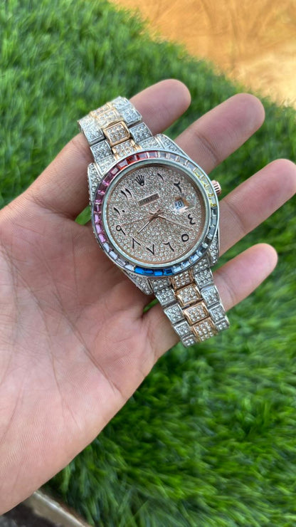 Ro-lex Analog Rose Gold and Rainbow Dial Arabic Numerals Diamond Men’s Watch