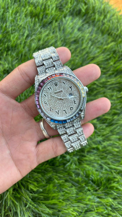 Ro-lex Analog Rainbow Dial Arabic Numerals Silver Diamond Men’s Watch