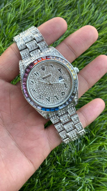 Ro-lex Analog Rainbow Dial Arabic Numerals Silver Diamond Men’s Watch