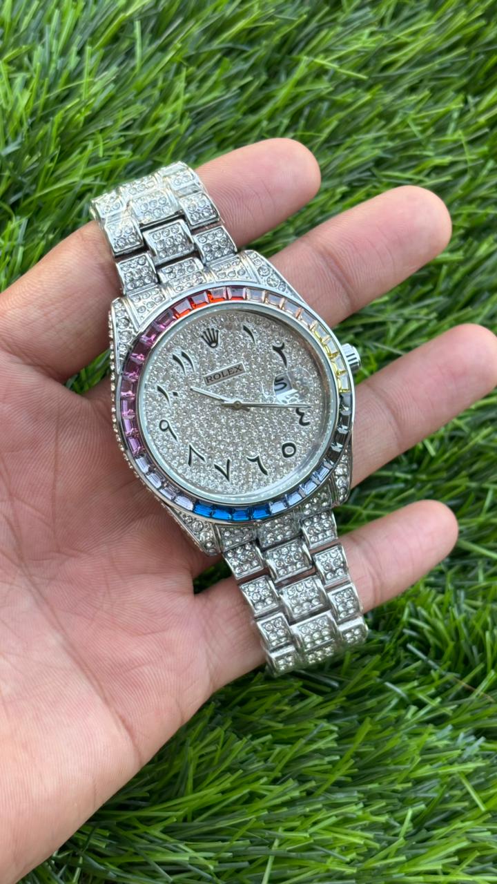 Ro-lex Analog Rainbow Dial Arabic Numerals Silver Diamond Men’s Watch