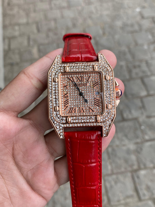 Cartier Full Diamond Red Leather Belt Men's Watch