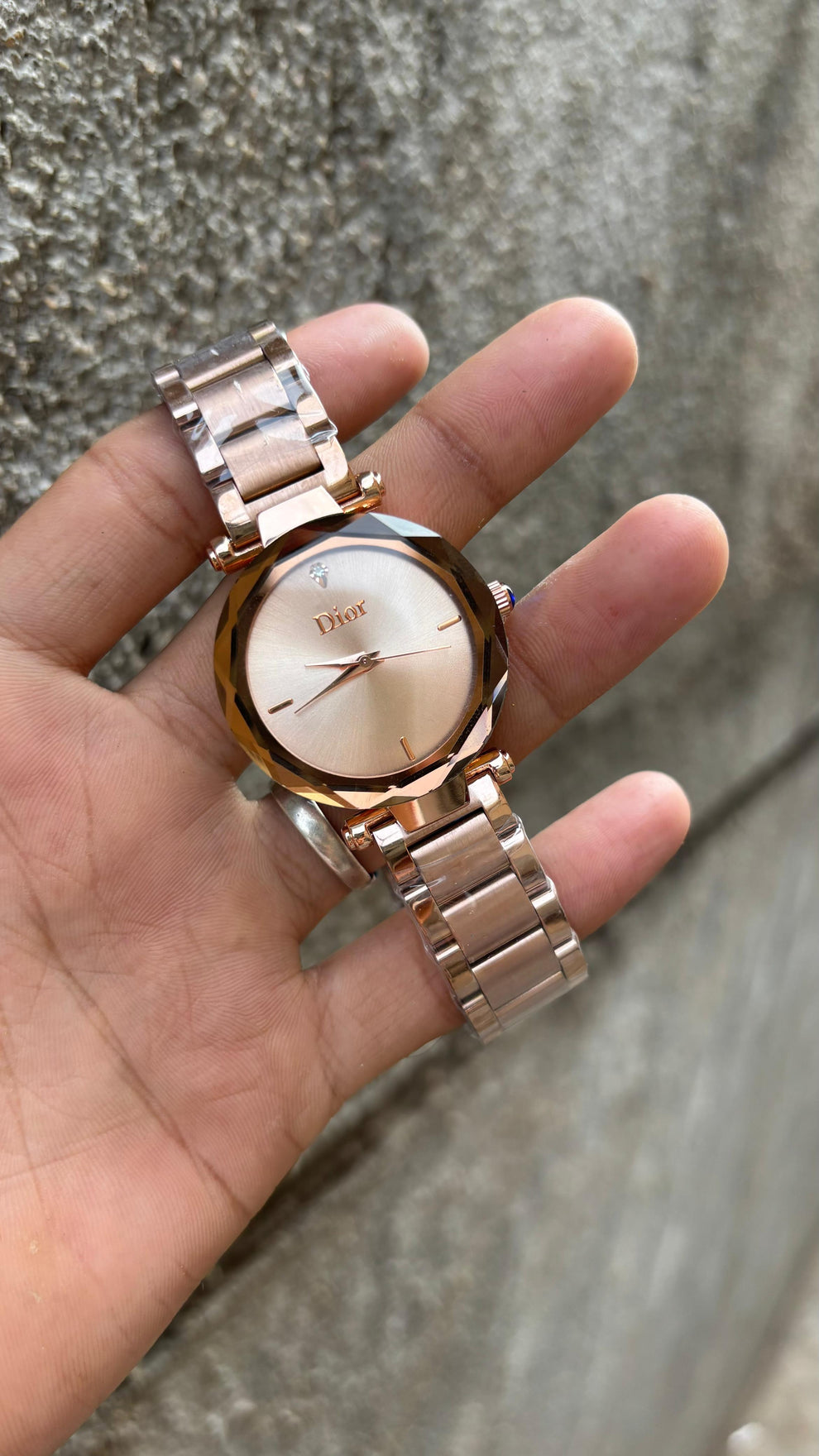 Dior Diamond Cut Rose Gold Dial Metal Belt Watch For Women's