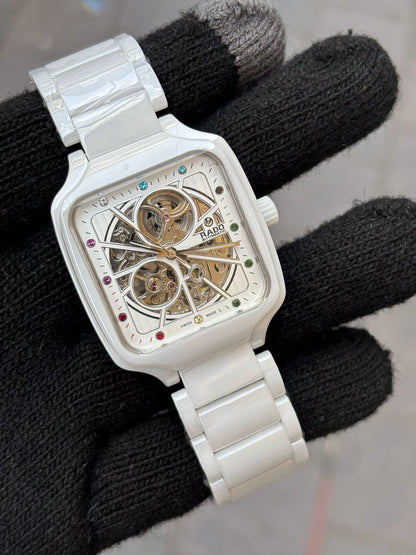 Rado White Rainbow Dial Ceramic Automatic Open Heart Watch For Men's