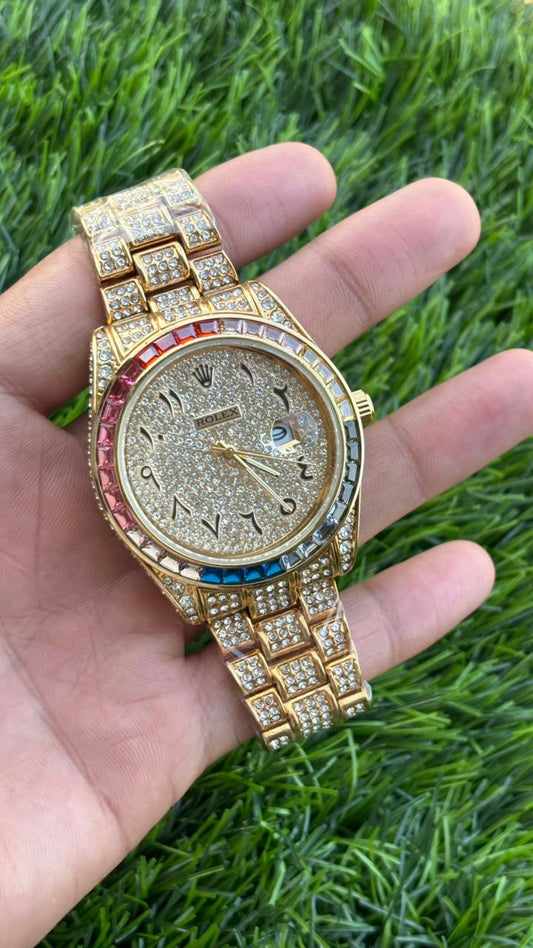 Ro-lex Analog Rainbow Dial Arabic Numerals Full Gold Diamond Men’s Watch