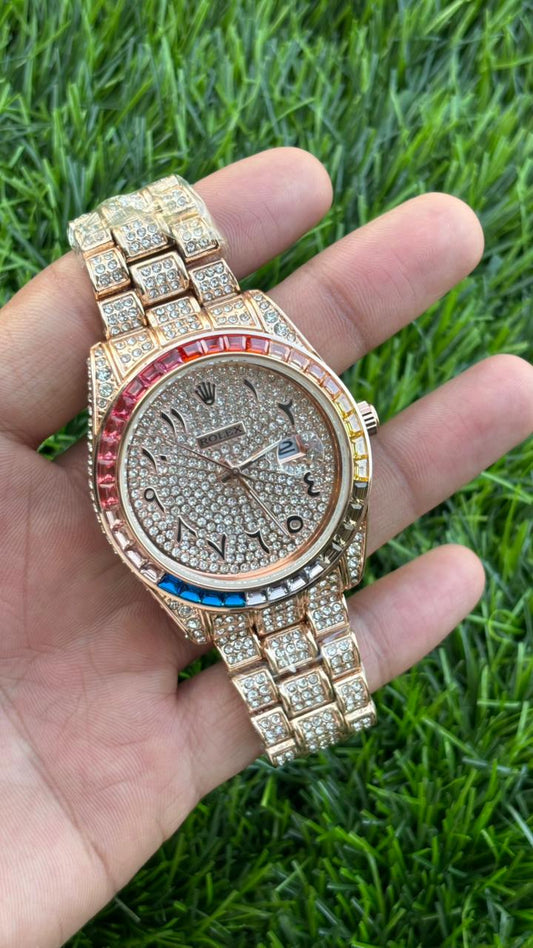 Ro-lex Analog Rainbow Dial Arabic Numerals Full Rose Gold Diamond Men’s Watch