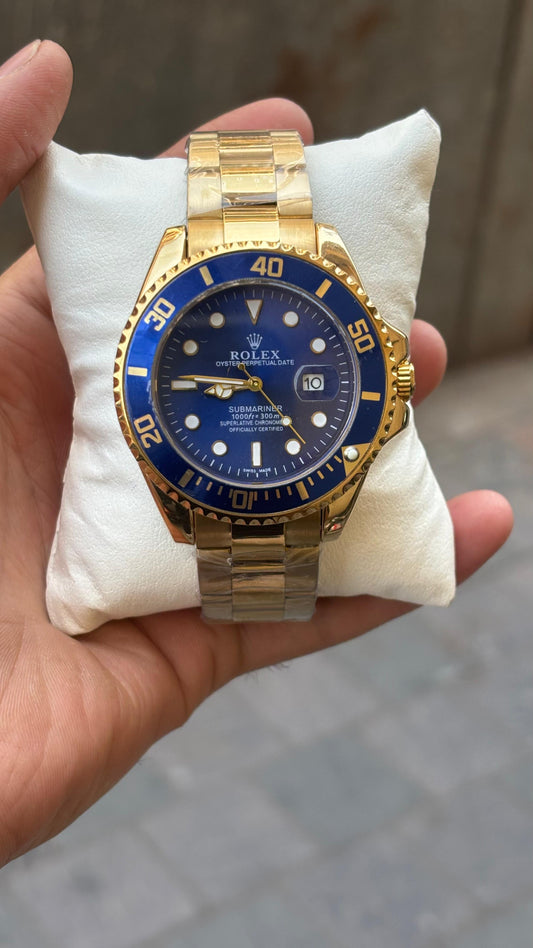 Ro lex Submariner Quartz Gold Blue Dial Watch For Men's