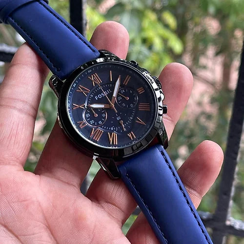 Fossil Blue Dial Chronograph Leather Belt For Men's Watch