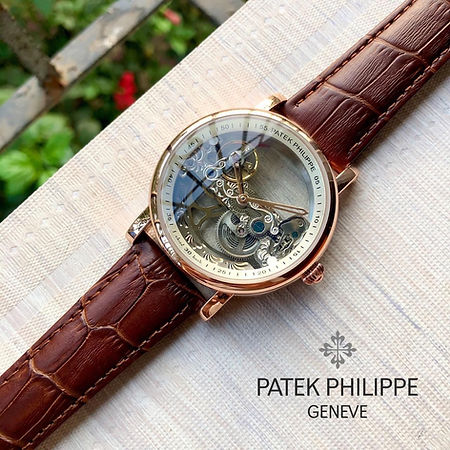 Patek Philippe Automatic Rose Gold Transparent Dial Leather Strap Men's Watch