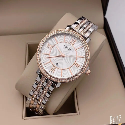 Fossil White & Silver Dialmonds Dial Watch For Women's