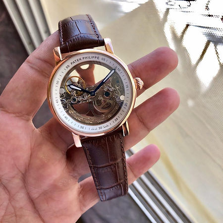 Patek Philippe Automatic Rose Gold Transparent Dial Leather Strap Men's Watch